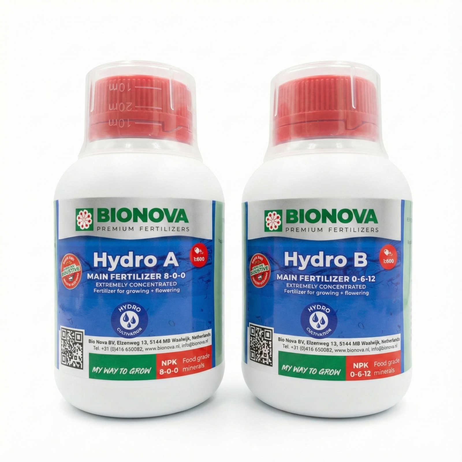 Botellas de fertilizante BioNova Hydro A y B para hidroponía