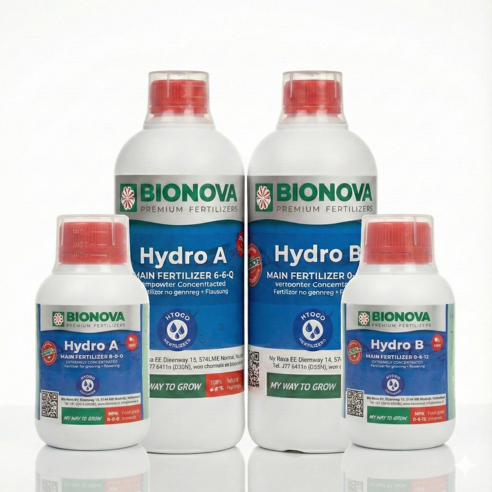 Botellas de fertilizante BioNova Hydro A y B para hidroponía