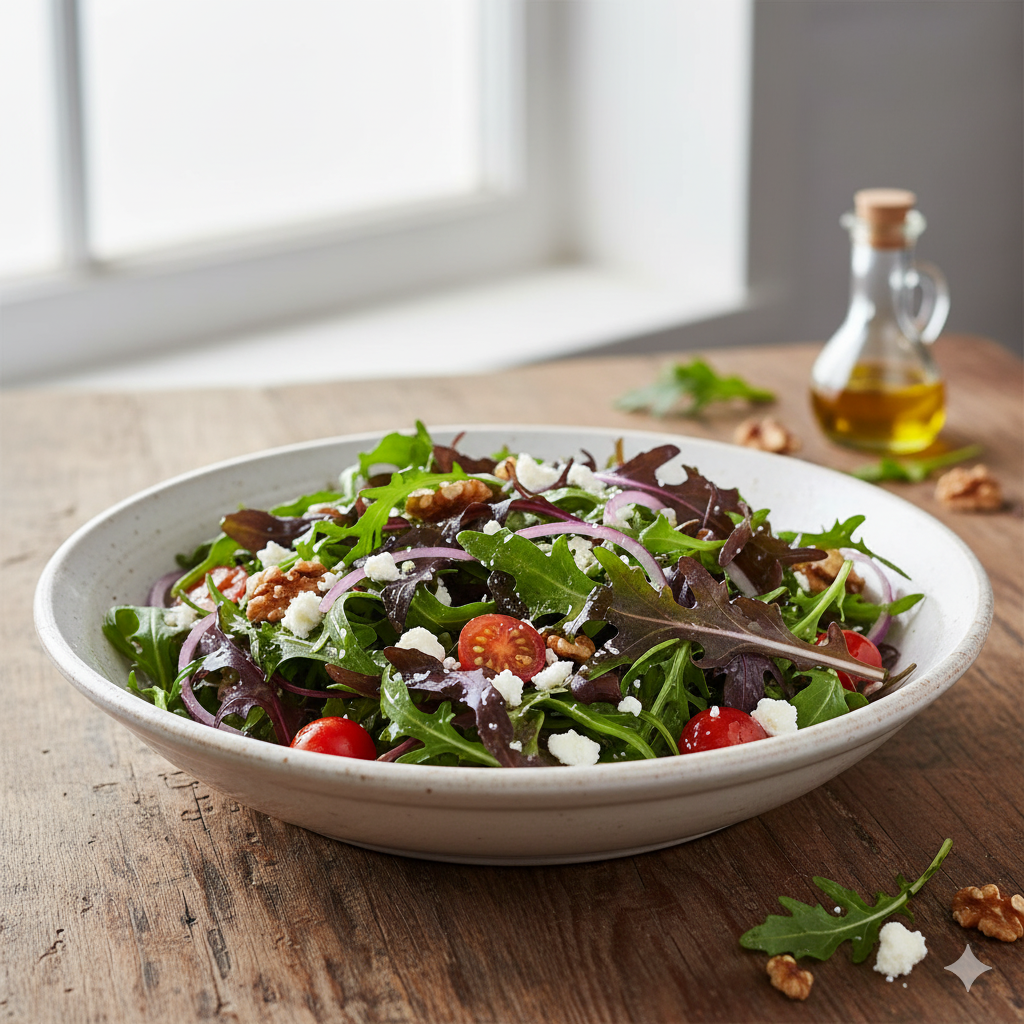 Ensalada gourmet fresca con hojas vibrantes de Mizuna Roja.