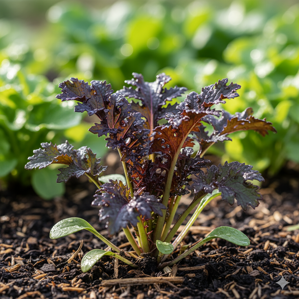 Planta joven de Mizuna Roja creciendo vigorosa en la huerta.