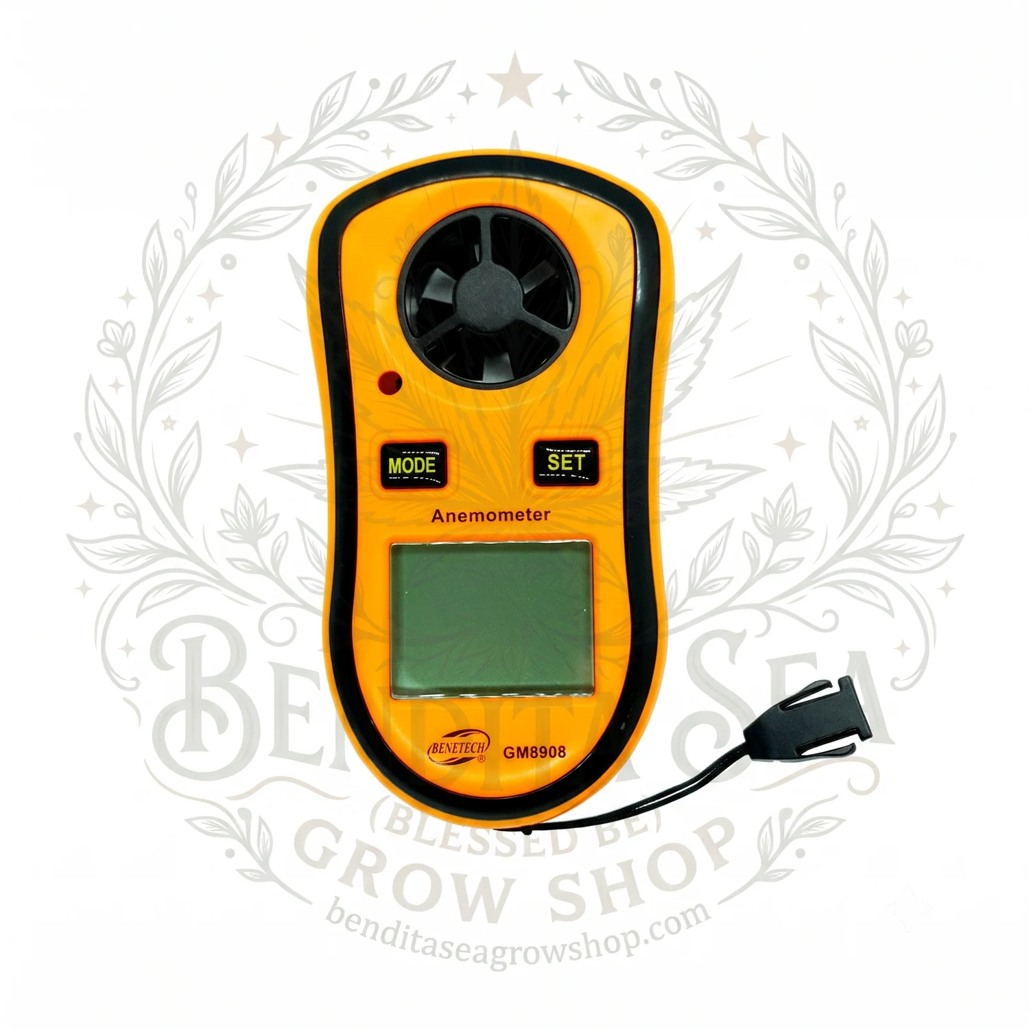 Anemómetro digital Benetech GM8908 de frente, con hélice y pantalla LCD
