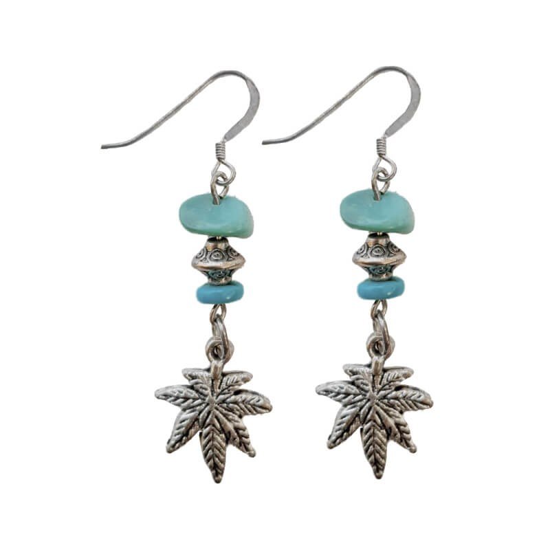 Aretes plata 925 turquesa: par de aretes con piedra turquesa, separador arabesco y dije de hoja