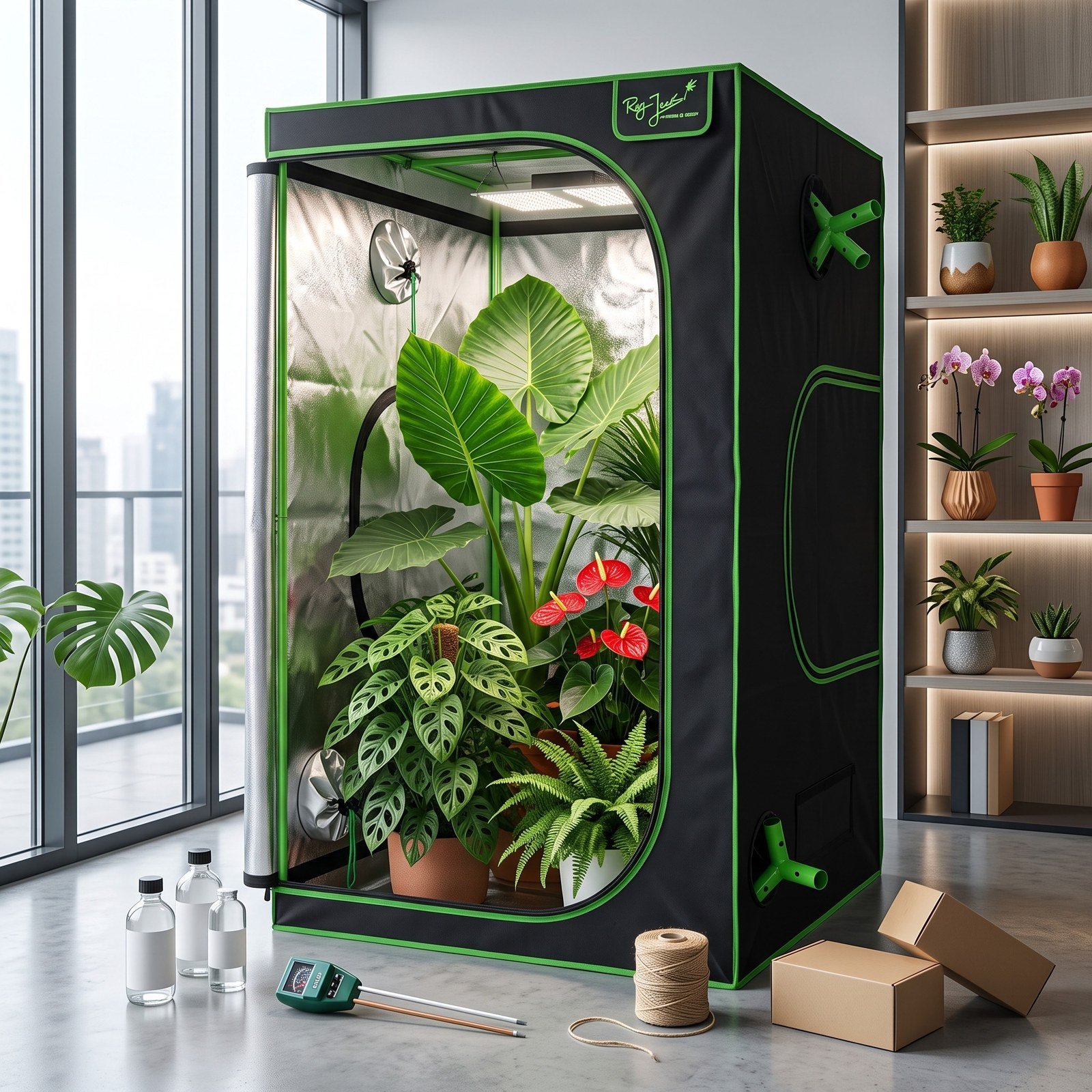 Armario de cultivo 100x100x200 abierto con plantas de interior sobre un piso de madera