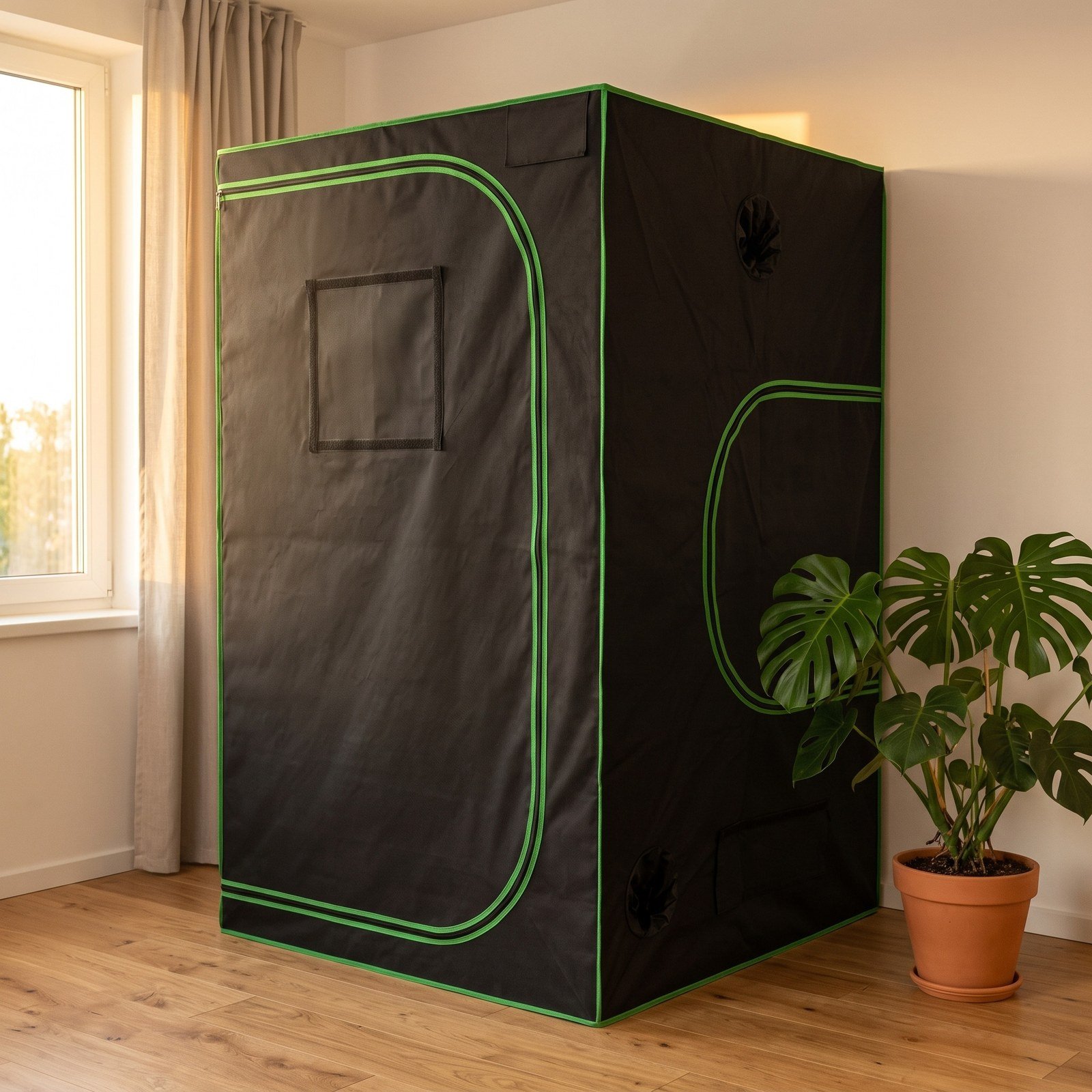 Armario de cultivo 100x100x200 en una sala luminosa con materas alrededor