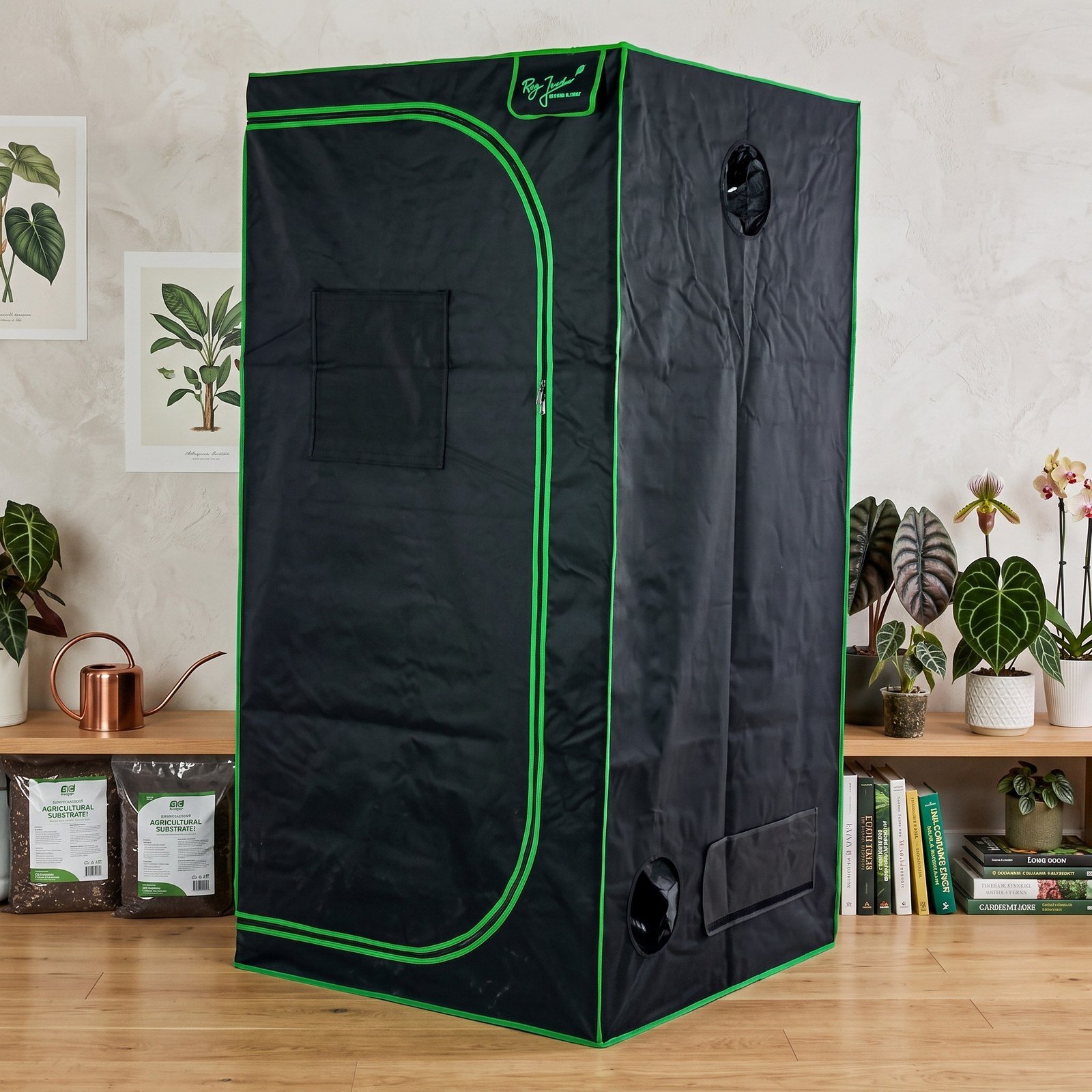 Armario de cultivo de 120x180x200 cm cerrado junto a una repisa con plantas