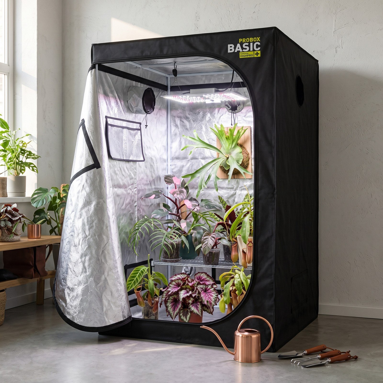 Armario de cultivo 150x150x200 en una sala luminosa con materas alrededor