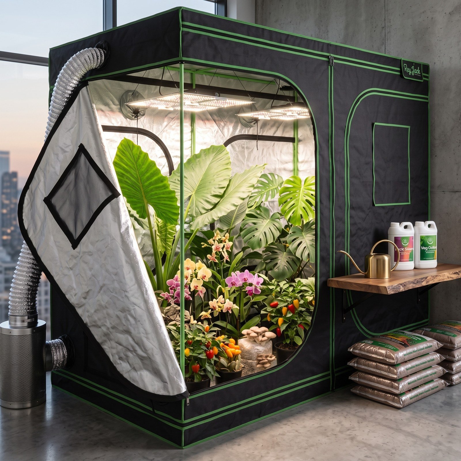 Armario de cultivo 240x120x200 en una sala luminosa con materas alrededor
