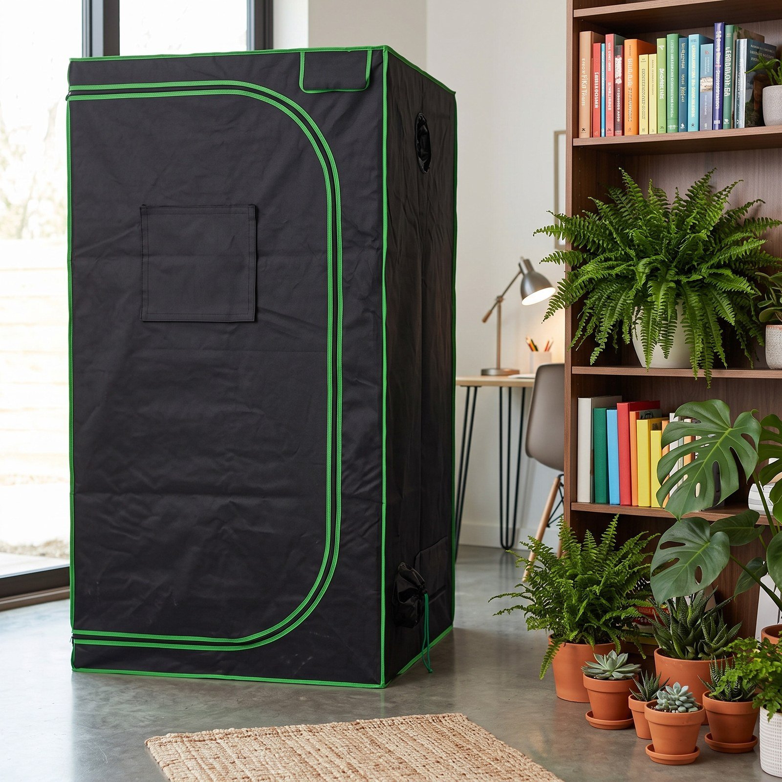 Armario de cultivo 80x80x160 en una sala luminosa con materas alrededor