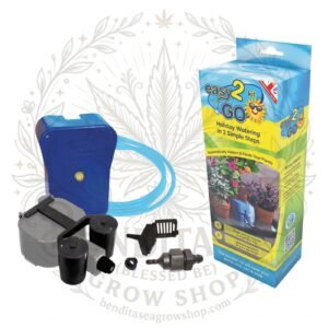 Kit AutoPot Easy2GO con su caja, el depósito azul, la válvula AQUAvalve, la manguera y los conectores