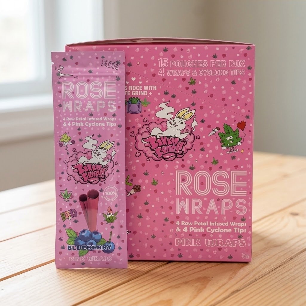 Baked Bunny Rose Wraps + Tips x4 Sabores: caja exhibidora y sobre en una mesa de madera