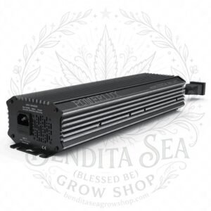Balastro electrónico Powerlux Line 400 W de aluminio negro con cable de salida sobre fondo blanco