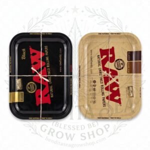 Bandejas para Liar Grandes Metálicas: dos bandejas RAW, negra y clásica, sobre fondo blanco