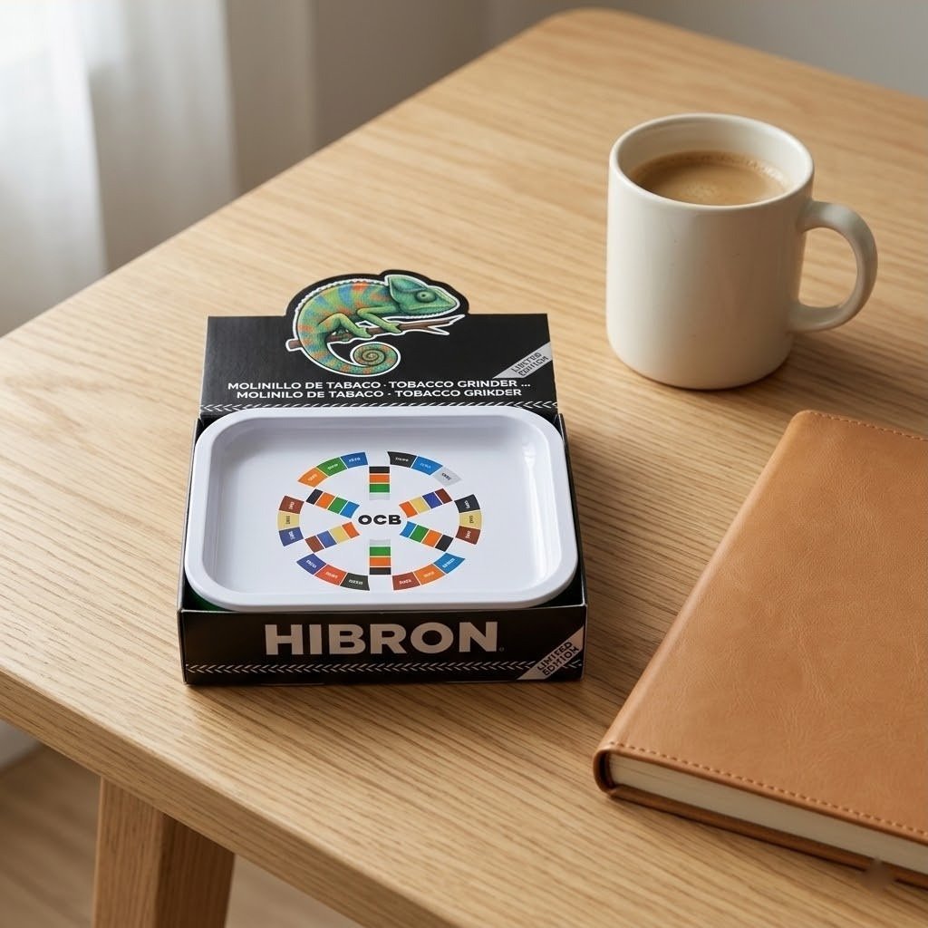 Bandejas para Liar Pequeñas Metálicas: bandeja en su caja sobre una mesa de madera junto a un café