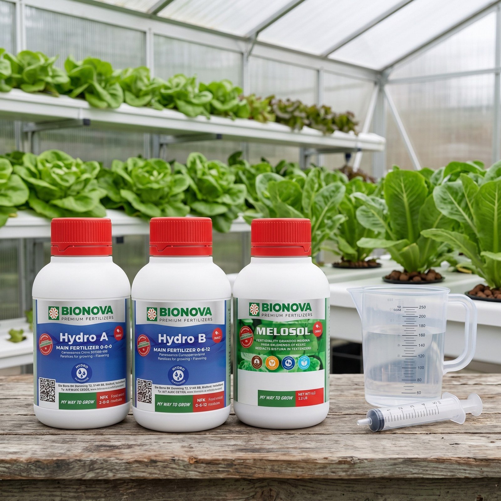 Botellas de Bionova Hydro A, Hydro B y Melosol junto a lechugas hidropónicas