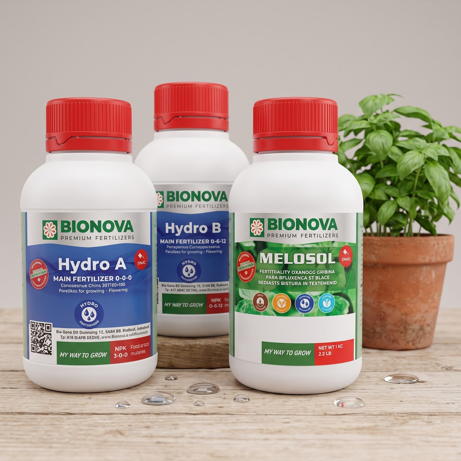 Tripack Bionova de 250 ml sobre una mesa con albahaca y una jeringa medidora