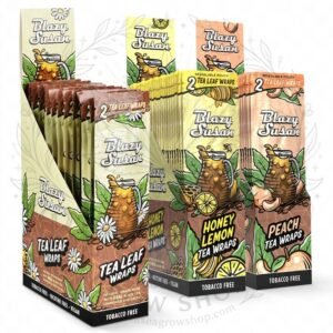 Blunt Wrap Blazy Susan Sabores: cajas exhibidoras de tres sabores, sobre fondo blanco