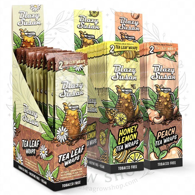 Blunt Wrap Blazy Susan Sabores: cajas exhibidoras de tres sabores, sobre fondo blanco