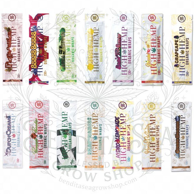 Blunt Wrap High Hemp Organics x2: sobres de sabores en dos filas, sobre fondo blanco