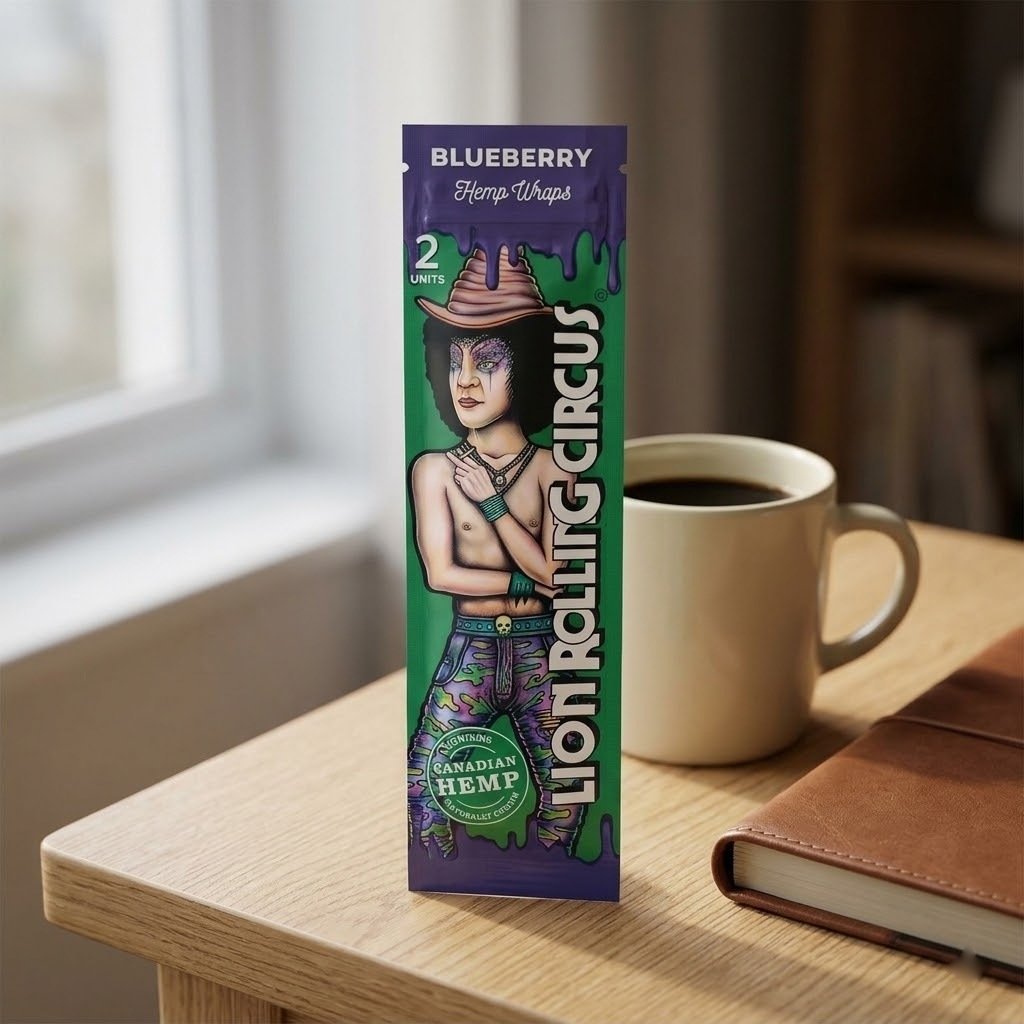 Blunt Wrap Lion Rolling Circus Blueberry sobre una mesa de madera junto a una taza de café