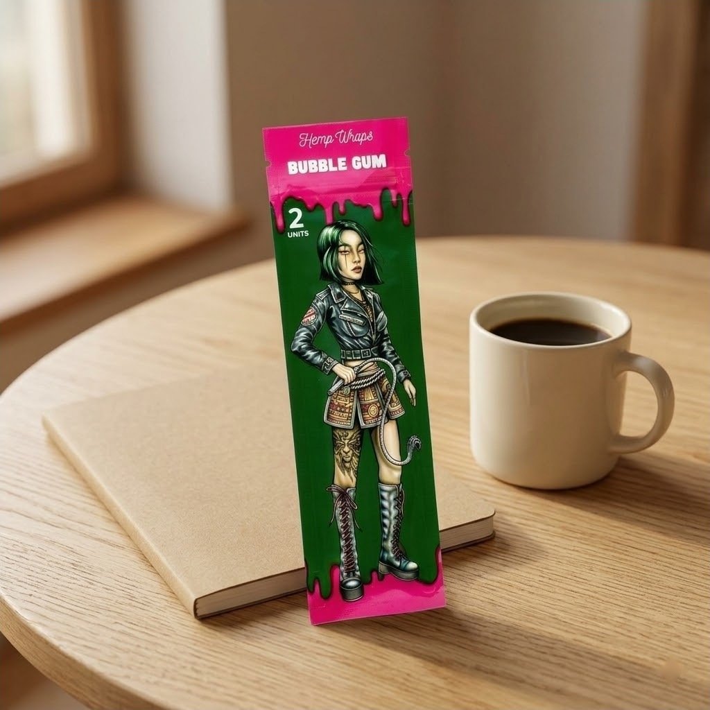 Blunt Wrap Lion Rolling Circus Bubble Gum sobre una mesa de madera junto a una taza de café
