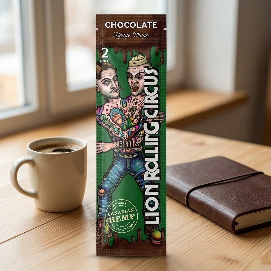 Blunt Wrap Lion Rolling Circus Chocolate sobre una mesa de madera junto a una taza de café