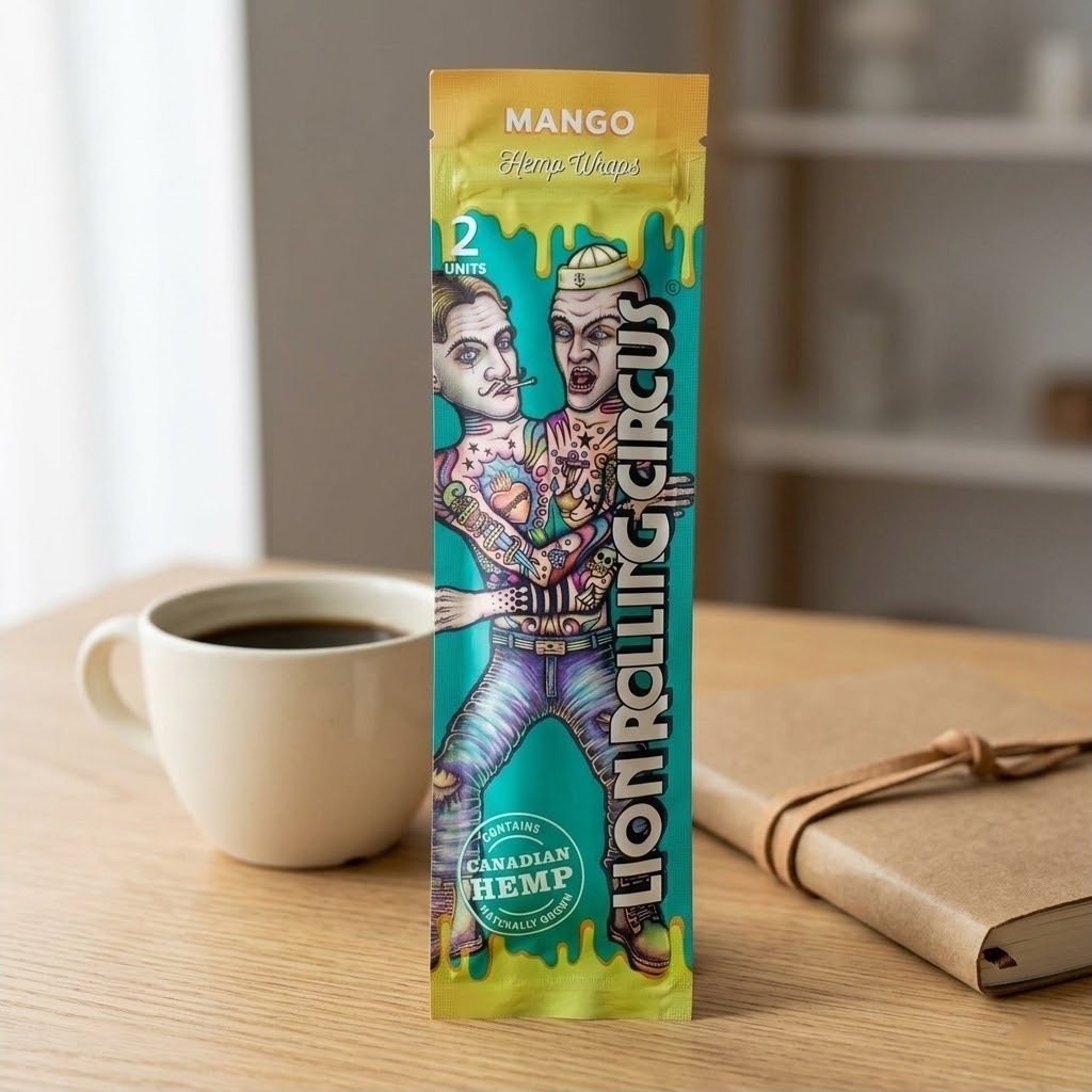 Blunt Wrap Lion Rolling Circus Mango sobre una mesa de madera junto a una taza de café