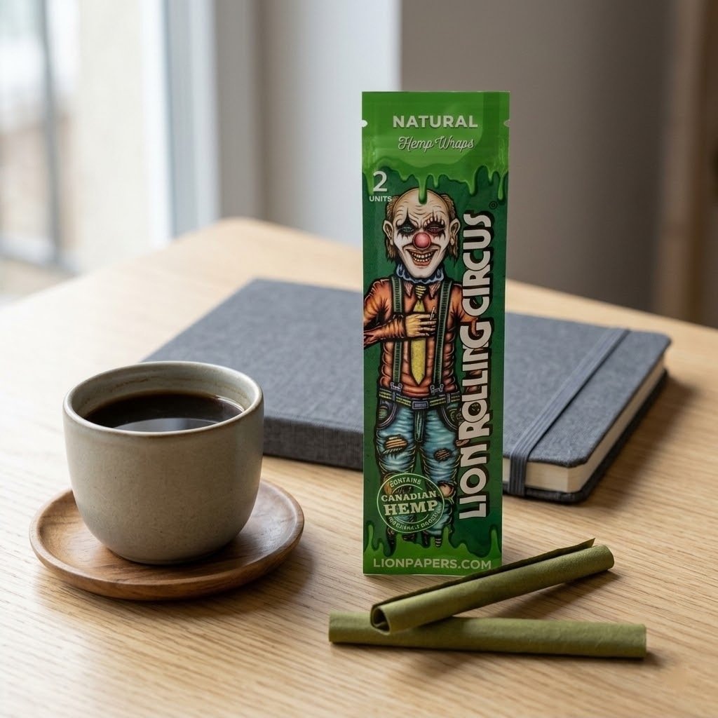 Blunt Wrap Lion Rolling Circus Natural sobre una mesa de madera junto a un café y un wrap enrollado