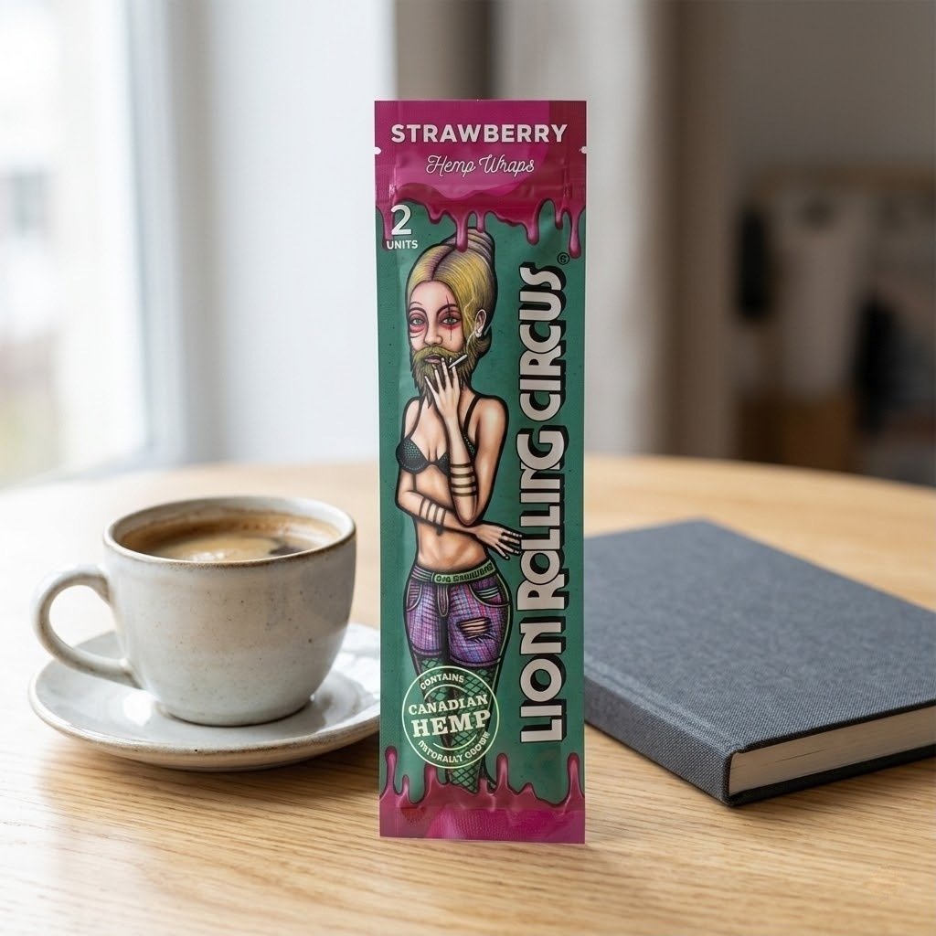 Blunt Wrap Lion Rolling Circus Strawberry sobre una mesa de madera junto a una taza de café