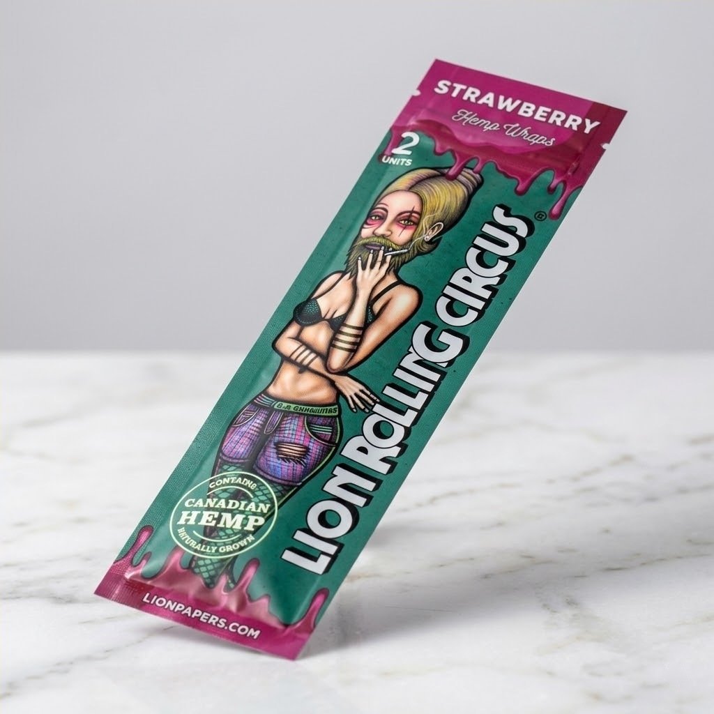Blunt Wrap Lion Rolling Circus Strawberry sobre una superficie de mármol blanco