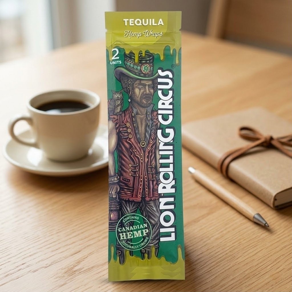 Blunt Wrap Lion Rolling Circus Tequilla sobre una mesa de madera junto a una taza de café