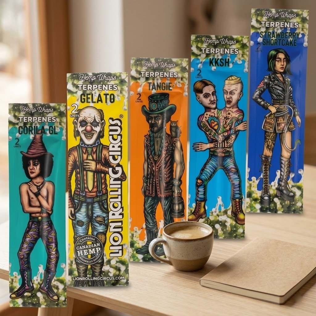 Blunt Wrap Lion Rolling Circus Terpenos: cinco variedades sobre una mesa de madera junto a un café