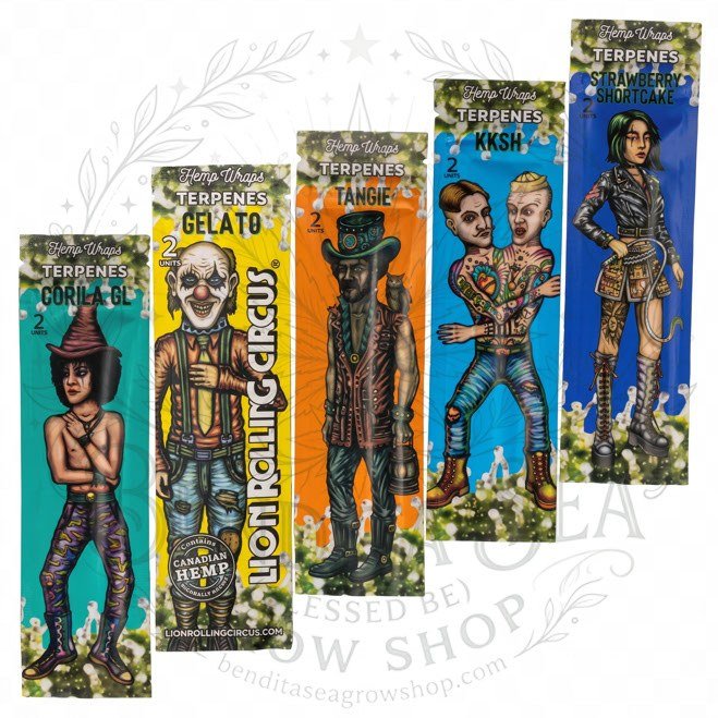 Blunt Wrap Lion Rolling Circus Terpenos: cinco variedades sobre fondo blanco