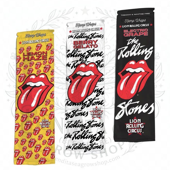 Blunt Wrap Lion Rolling Circus Rolling Stones: tres wraps de sabores, sobre fondo blanco