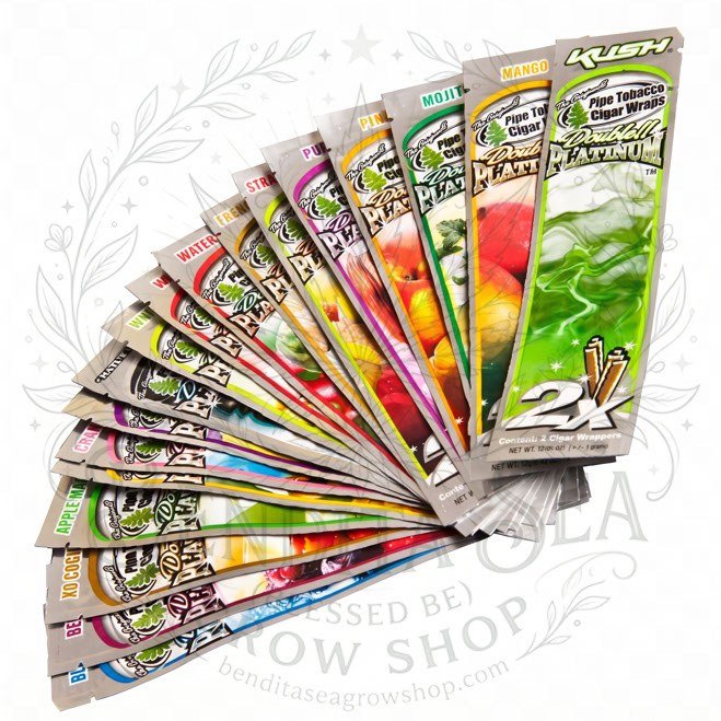 Blunt Wrap Platinum x2: abanico de sobres de sabores, sobre fondo blanco