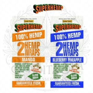 Blunt Hemp Wraps Superhemp x2: sobres Mango y Blueberry Pineapple, sobre fondo blanco