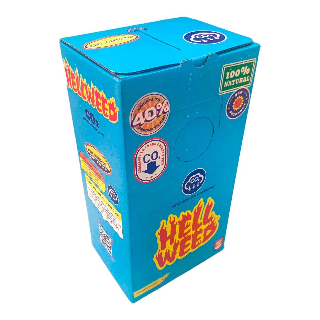 Caja de la bolsa generadora de CO2 Hell Weed 409 g sobre fondo blanco