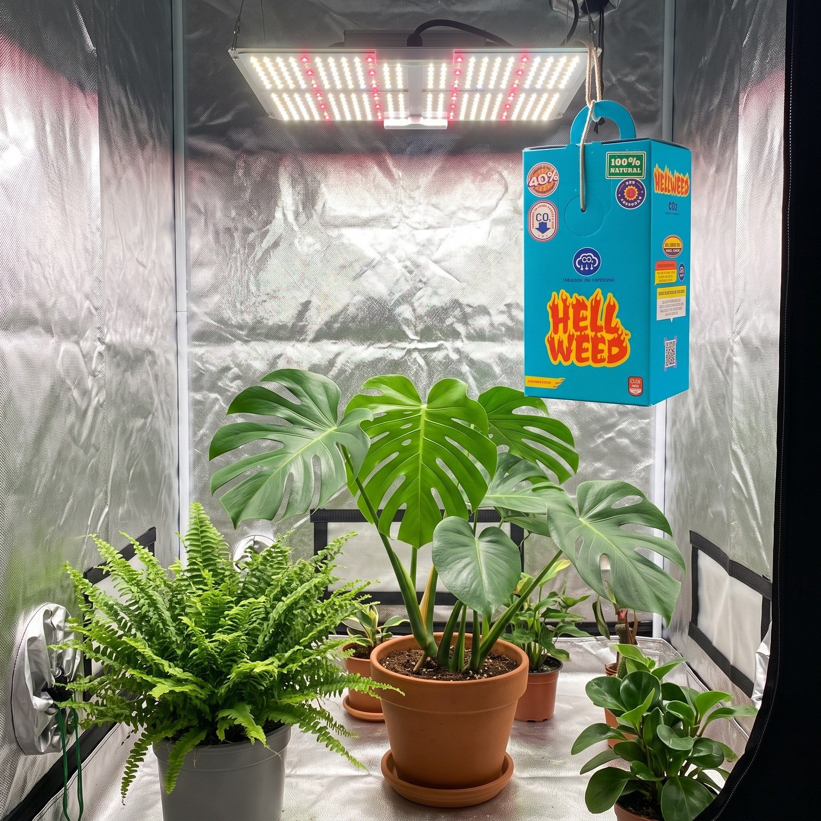 Caja de CO2 Hell Weed colgada dentro de un armario de cultivo con plantas
