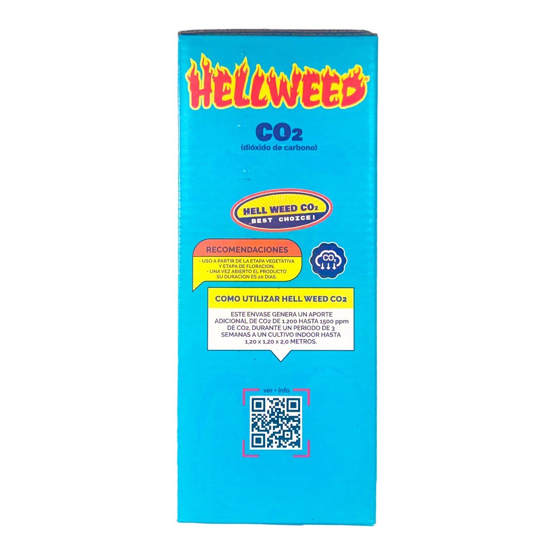 Cara de la caja de CO2 Hell Weed con las instrucciones de uso