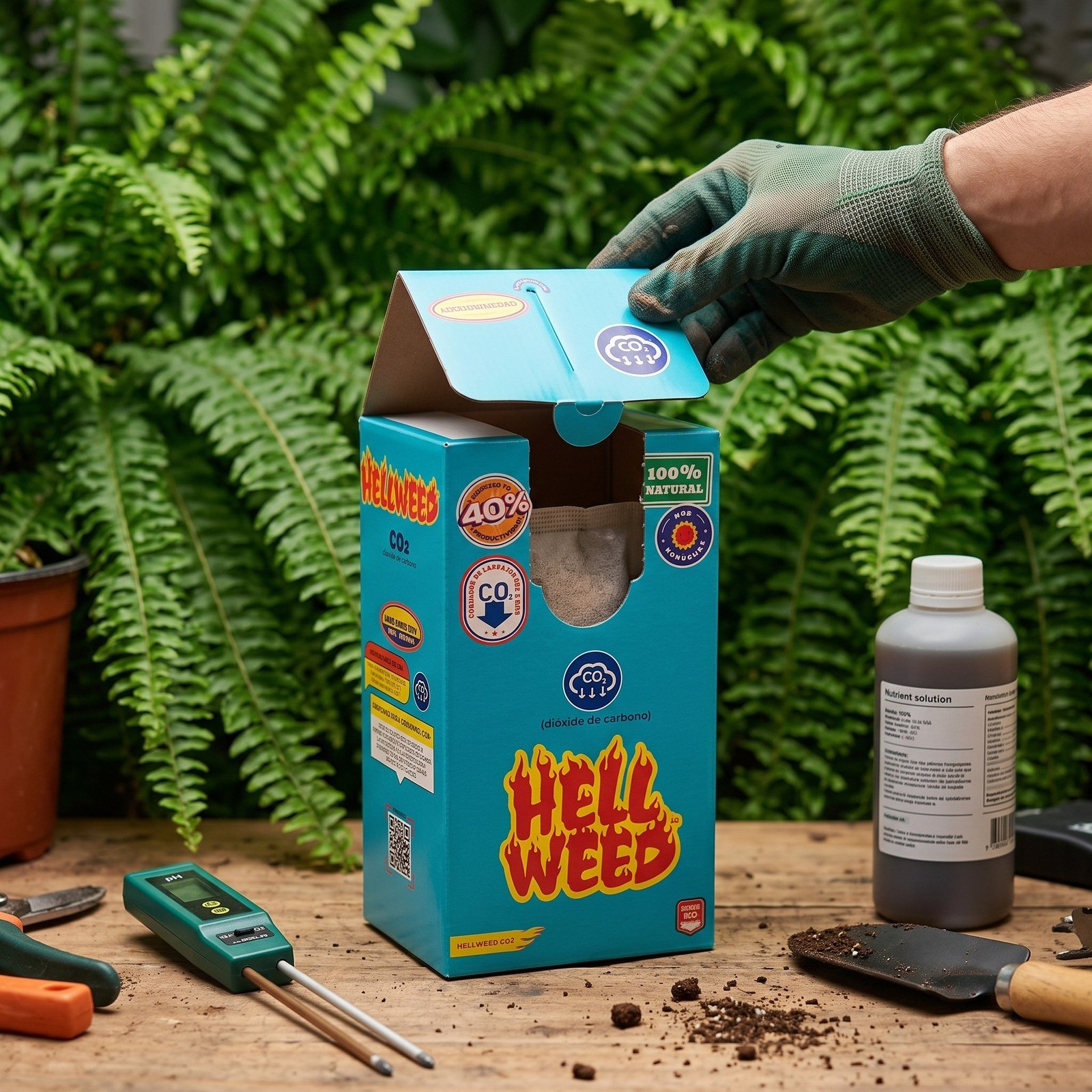Bolsa de CO2 junto a plantas en maceta bajo una lámpara