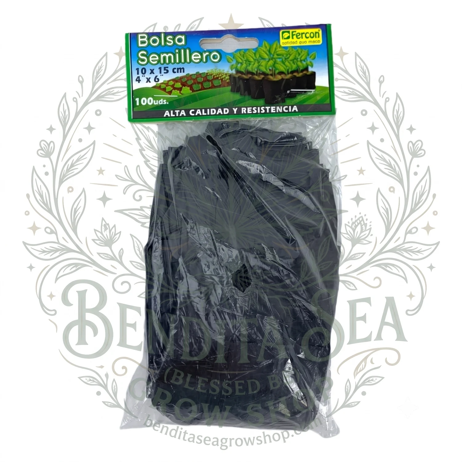 Paquete de 100 bolsas semillero Fercon de 10x15 cm con su etiqueta verde