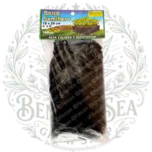 Paquete de 100 bolsas semillero Fercon de 15x20 cm con su etiqueta verde