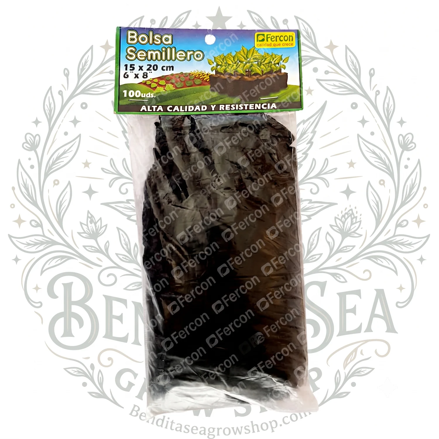 Paquete de 100 bolsas semillero Fercon de 15x20 cm con su etiqueta verde