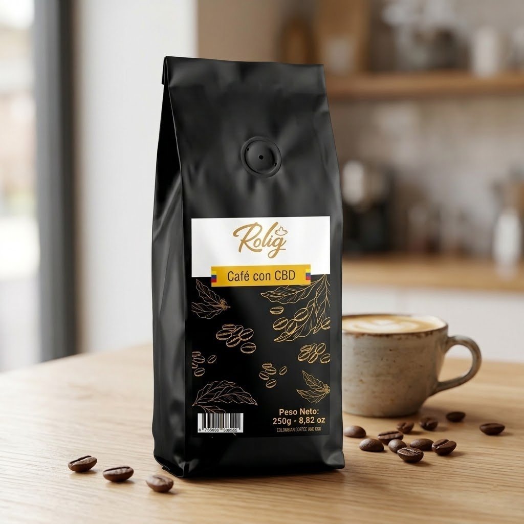 Café con CBD Dselva 250g: bolsa de café junto a una taza sobre una mesa de madera