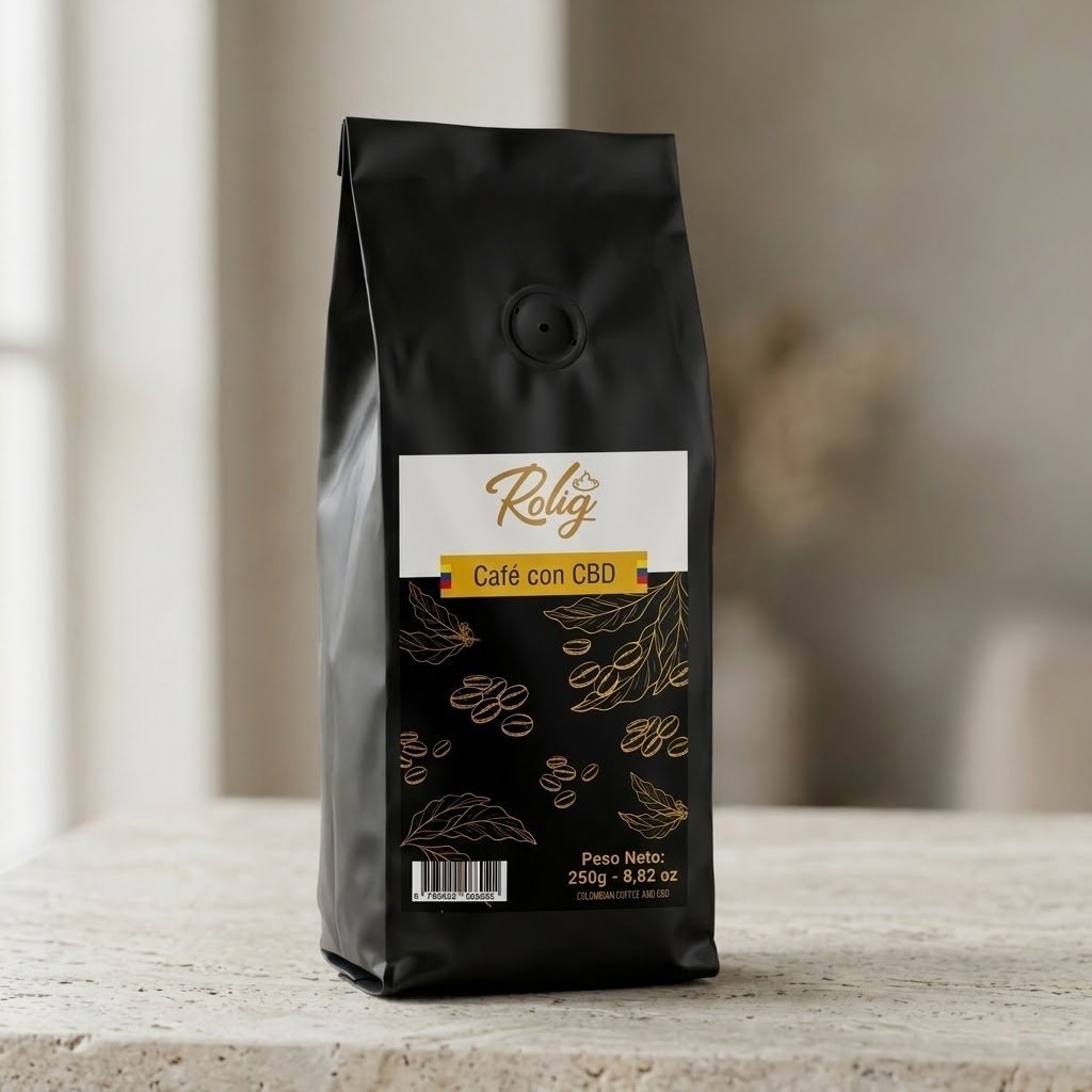 Café con CBD Dselva 250g: bolsa de café sobre piedra clara