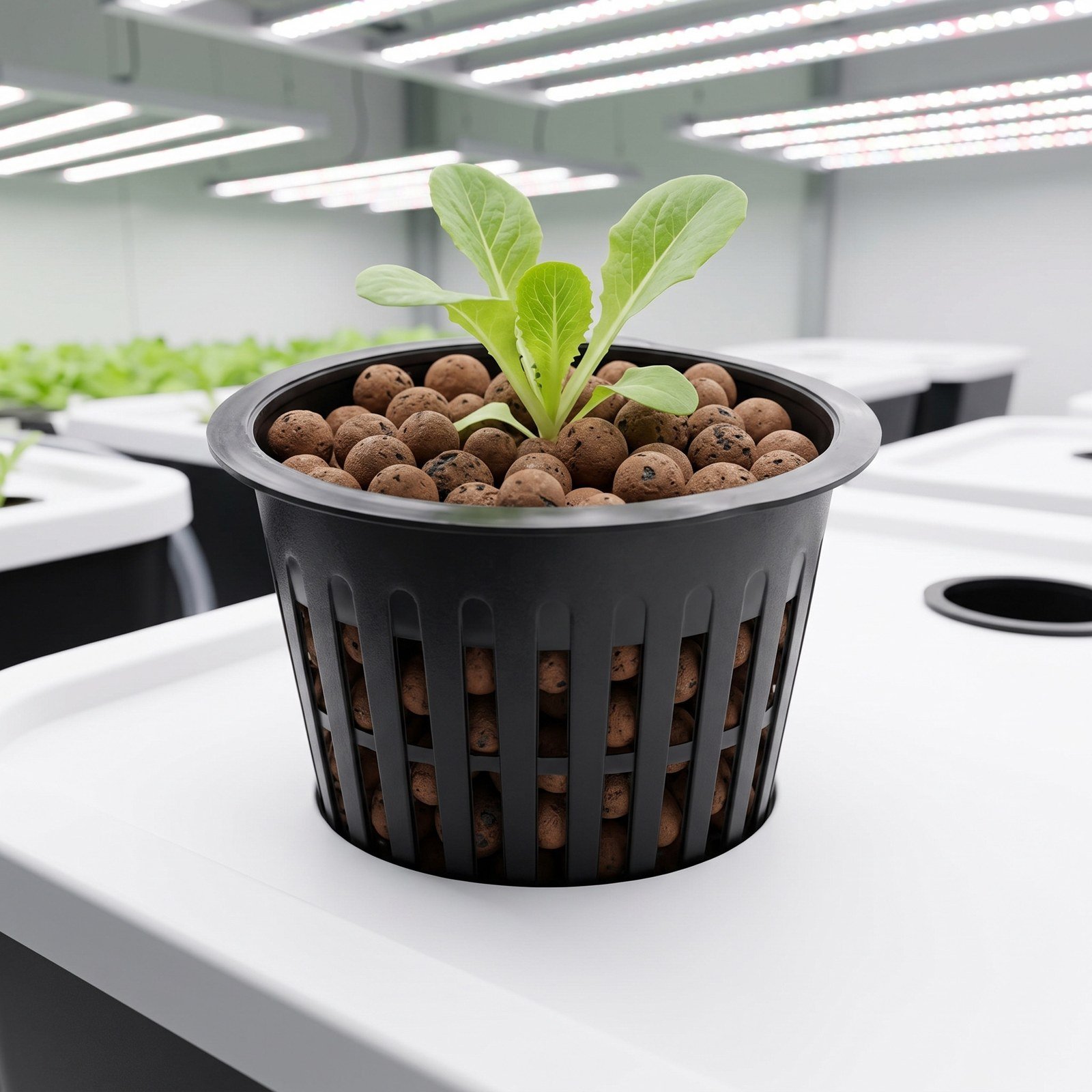Canastilla hidropónica con arcilla expandida y una lechuga en un sistema hidropónico