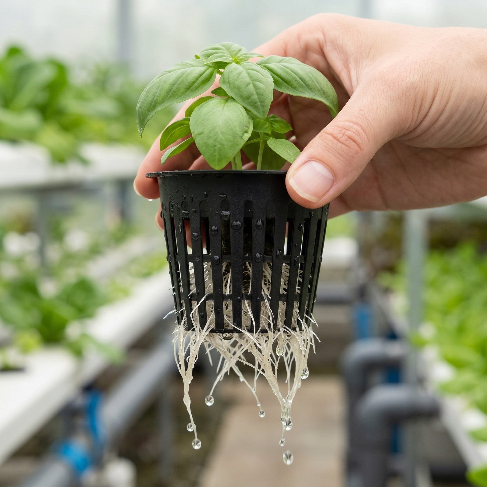 Mano levantando una canastilla hidropónica con las raíces de una planta colgando