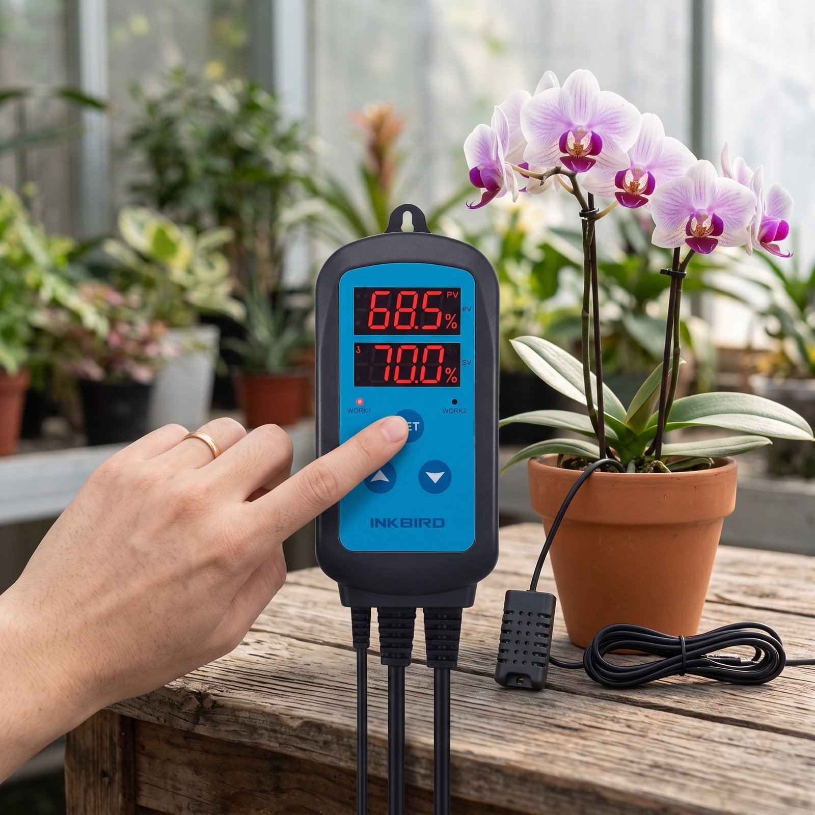 Controlador Inkbird conectado a un humidificador junto a plantas