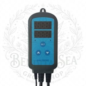 Controlador de humedad Inkbird IHC-200 con su sensor, vista de frente