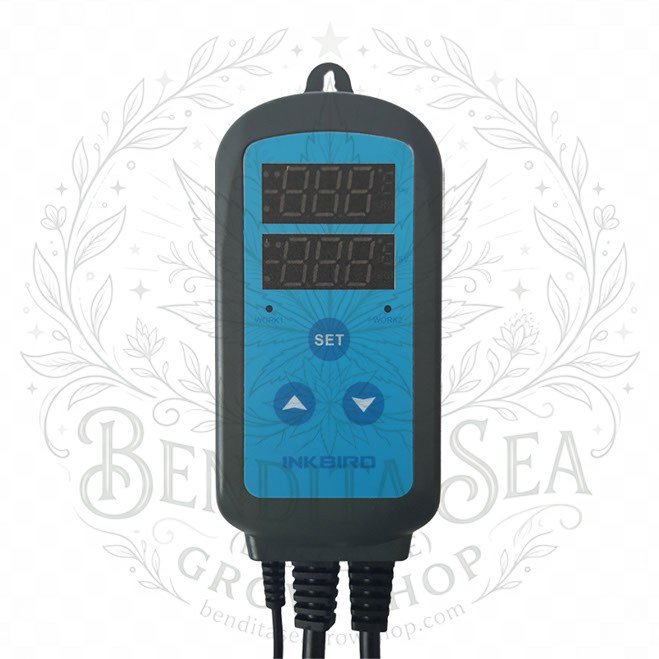 Controlador de humedad Inkbird IHC-200 con su sensor, vista de frente