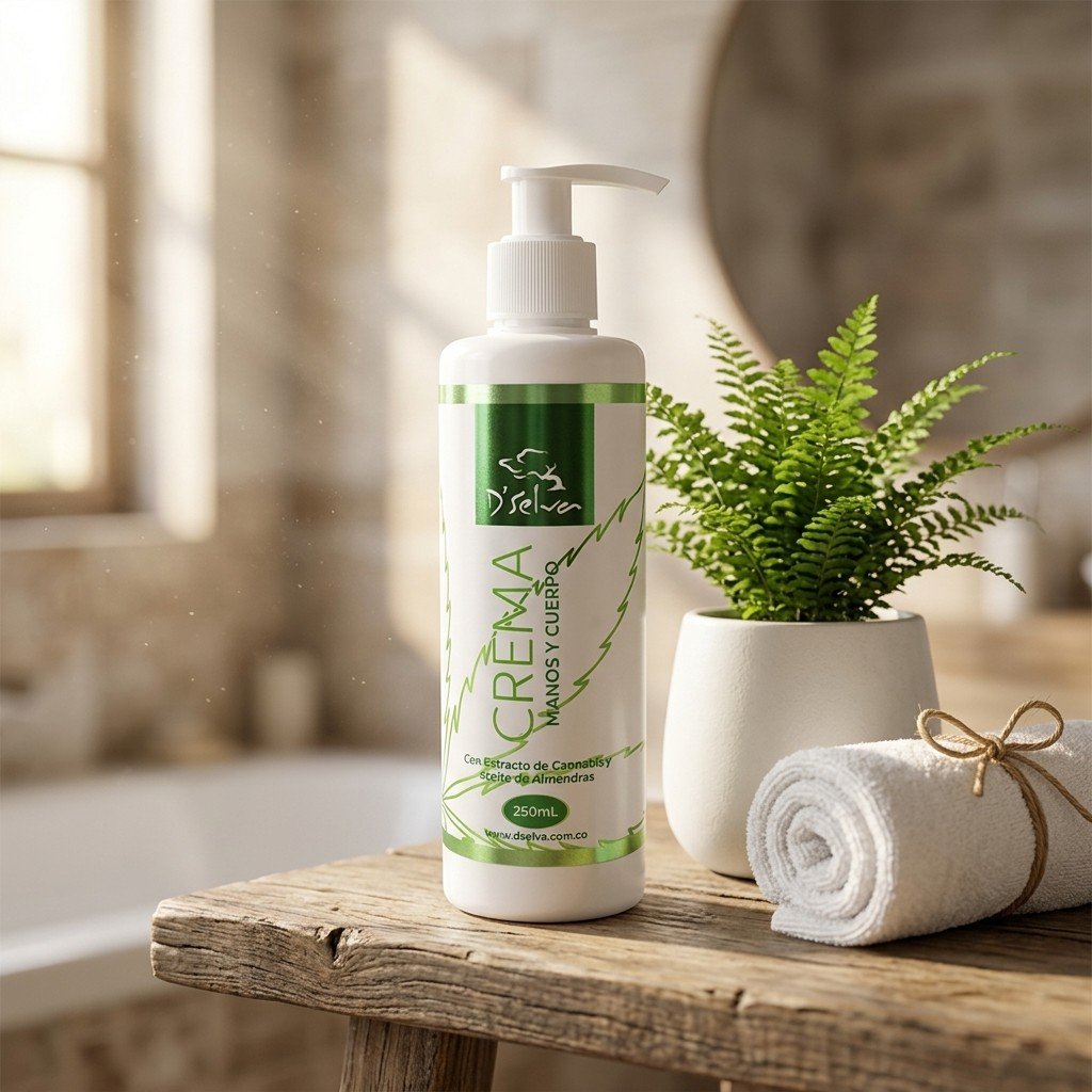 Crema de manos y cuerpo CBD Dselva original en escenario de cuidado corporal 5